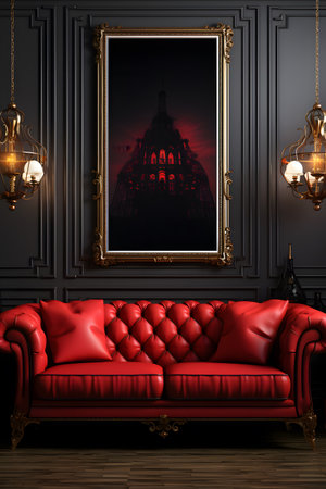 Classic interior with red leather sofa and black wall. 3d renderの素材
