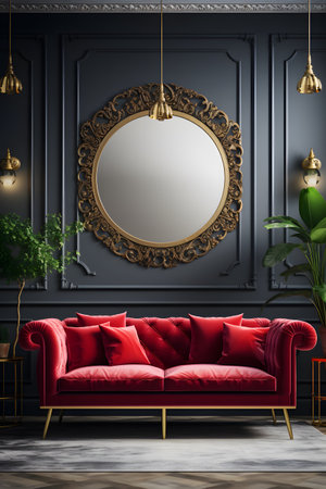 Classic interior with red sofa and round mirror.Luxury furniture.3d renderの素材