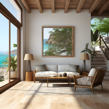 Interior of modern living room with sea view. 3d renderの素材