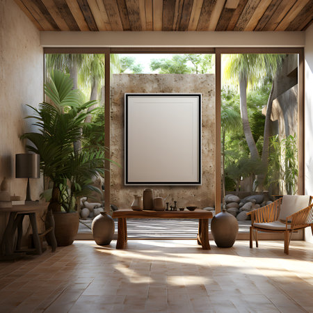 Mock up poster frame in modern living room interior design. 3D renderの素材