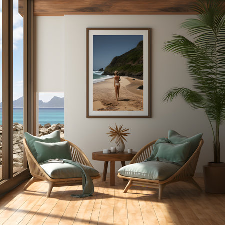Interior of modern living room with sea view, armchairs and a palm tree. 3d renderの素材