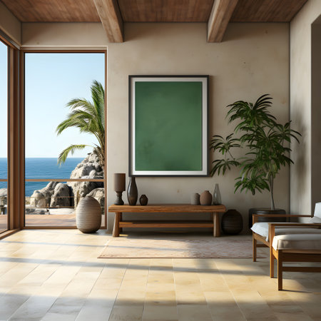 Interior of modern living room with sea view. 3D renderの素材