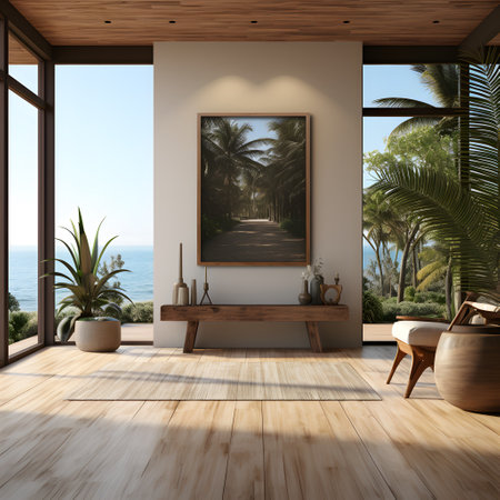 Interior of modern living room with sea view, wooden floor and wooden wall. 3d renderの素材