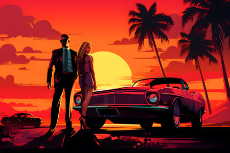 Miami Vice Sunset Vintage Blonde and the Mobster. Couple on the beach with a retro car. Vector illustration.の素材
