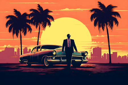 Miami Vice Sunset Vintage Mobster. Businessman with a car on the background of palm trees and sunsetの素材