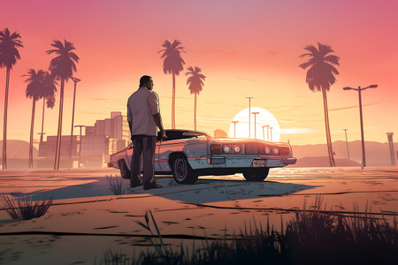 Miami Vice Sunset Vintage Mobster. Rear view of a man standing next to a car on the beach at sunsetの素材