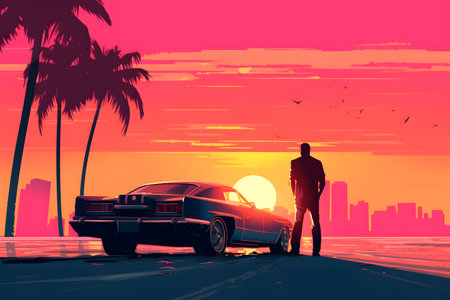 Miami Vice Sunset Vintage Mobster. Man with a car on the road at sunset. Vector illustration.の素材