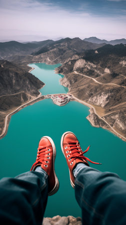 Top view of man legs in red sneakers standing on top of the mountain and looking at the lakeの素材