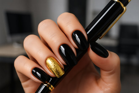 Female hand with beautiful manicure holding a black and gold nail polishの素材