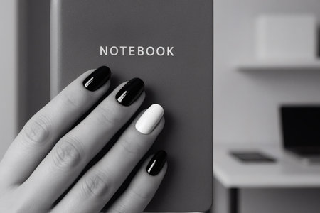 Female hand with black nail design holding a notepad. Black and white photoの素材