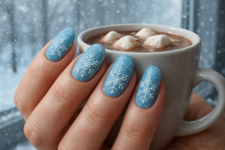 Female hand with blue nail design holding a cup of hot chocolate with marshmallow and snowflakesの素材