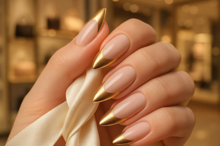 Female hand with beautiful manicure and gold nail polish. Glitter nail polish manicureの素材