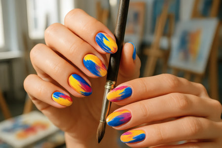 Female hand with bright yellow and blue nail design holding paintbrushの素材