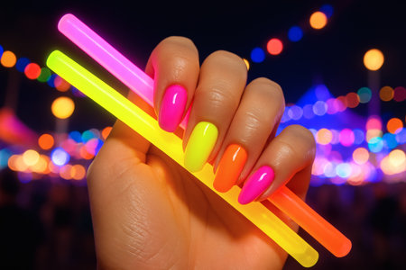 Female hand with bright neon nail design. Female hand with bright neon nail polishの素材