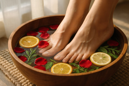 Female feet with bowl of water and rose petals, closeupの素材