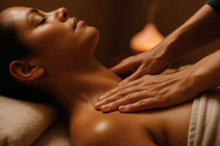 Close-up of a young woman receiving a massage in a spaの素材