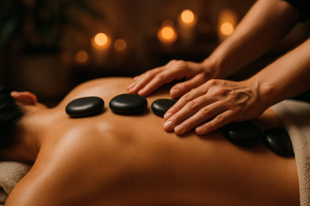 Close-up of young woman receiving hot stone massage in spa salonの素材