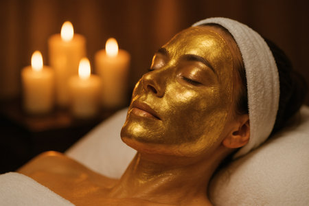 Close-up of a woman with gold facial mask in spa salonの素材