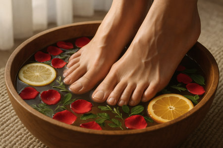 Female feet in bowl of water with rose petals, closeupの素材