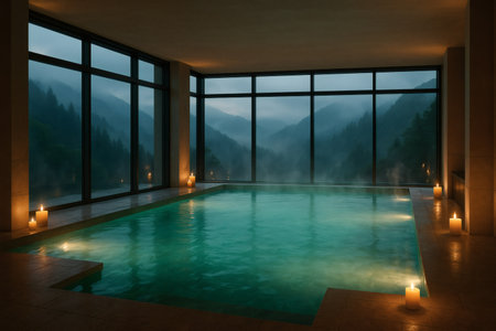 Interior of a hotel swimming pool in the mountains. 3D renderingの素材