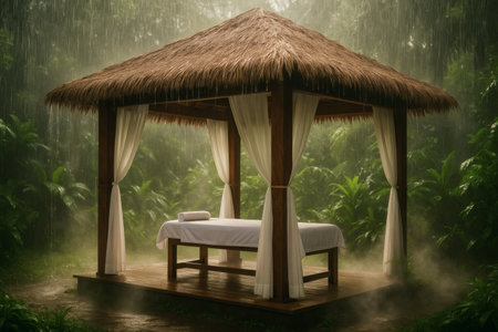 Wooden gazebo in the jungle. 3d renderingの素材