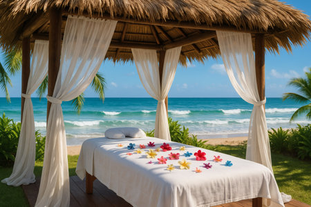 Bed on the beach with blue sea and sky. Vacation conceptの素材