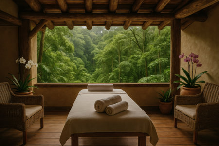 Spa massage room interior with natural view on the jungle. 3D Renderingの素材