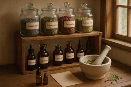 Herbs and spices in glass bottles with mortar and pestle on wooden shelfの素材