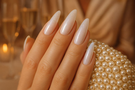 Female hands with beige manicure and pearls on a light background.の素材