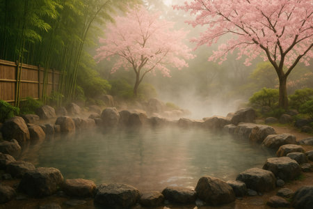 Cherry blossoms in the Japanese garden with pond in the morningの素材
