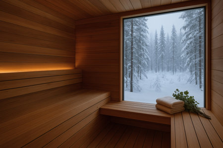 Wooden sauna interior with a view of the winter forest.の素材