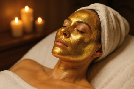 Beautiful young woman with golden mask on her face in spa salonの素材