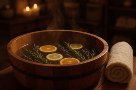 Lemon and rosemary in a wooden bowl in a saunaの素材