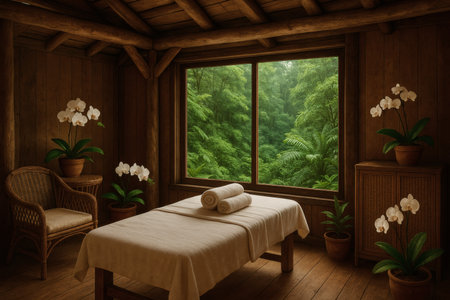 Spa massage room with a large window in a wooden house.の素材