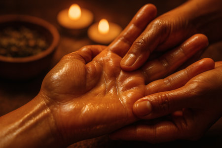 Hands of an elderly woman with a candle in the background.の素材