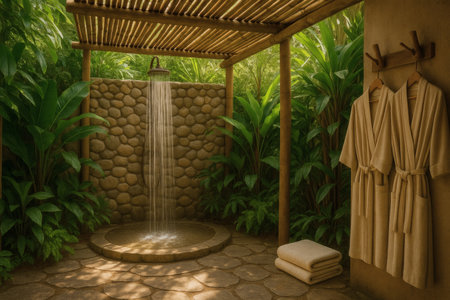 3d rendering of a garden with a waterfall in the middle.の素材