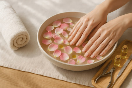 Female hands with bowl of water and rose petals at spa salonの素材