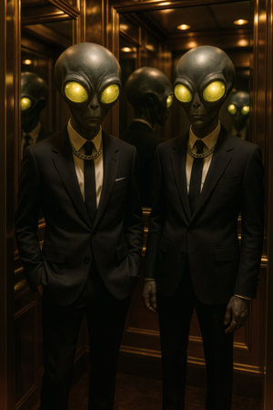 Mannequins in suit and gas mask in a shop windowの素材