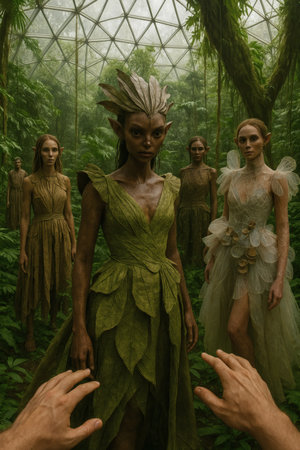 3d rendering of a fantasy woman in a green forest with her friendsの素材
