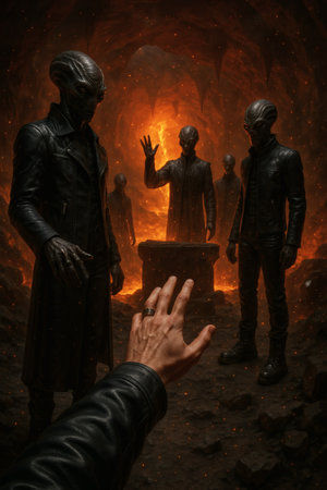 Scary zombies coming out of a burning grave with a dark backgroundの素材