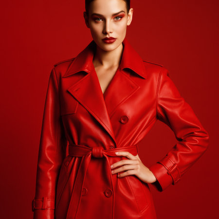 Fashionable woman in a red coat on a red background.の素材