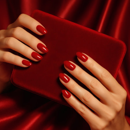 Female hands with red manicure hold a red leather wallet on a red satin backgroundの素材