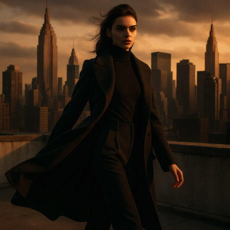 Fashionable woman in a black coat on the background of the cityの素材