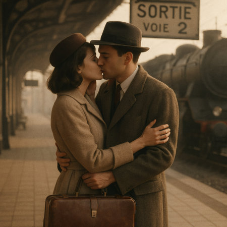 Beautiful young couple in love on the railway station. Retro styleの素材