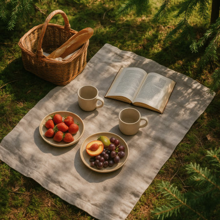 Picnic in the woods. Picnic basket with fruits, crockery and open book.の素材
