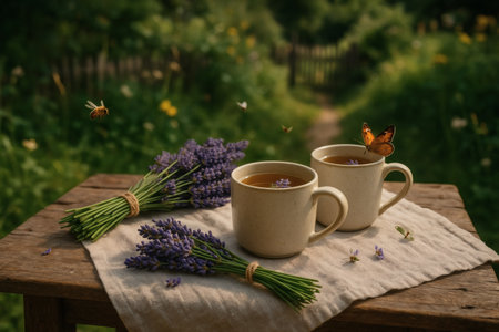 Two cups of tea with lavender flowers on a wooden table in the gardenの素材