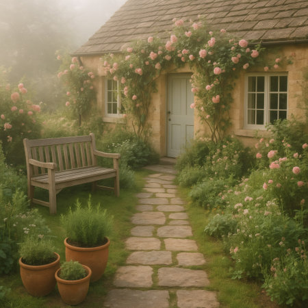 Wooden bench in the garden with pink roses and green grass.の素材