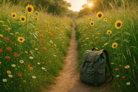 Backpack and sunflowers in the meadow at sunset.の素材