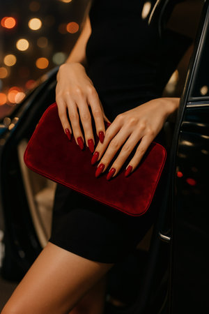 cropped view of woman with red manicure holding red clutch in carの素材