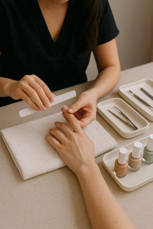 Close-up of hands of manicurist doing manicure in beauty salonの素材